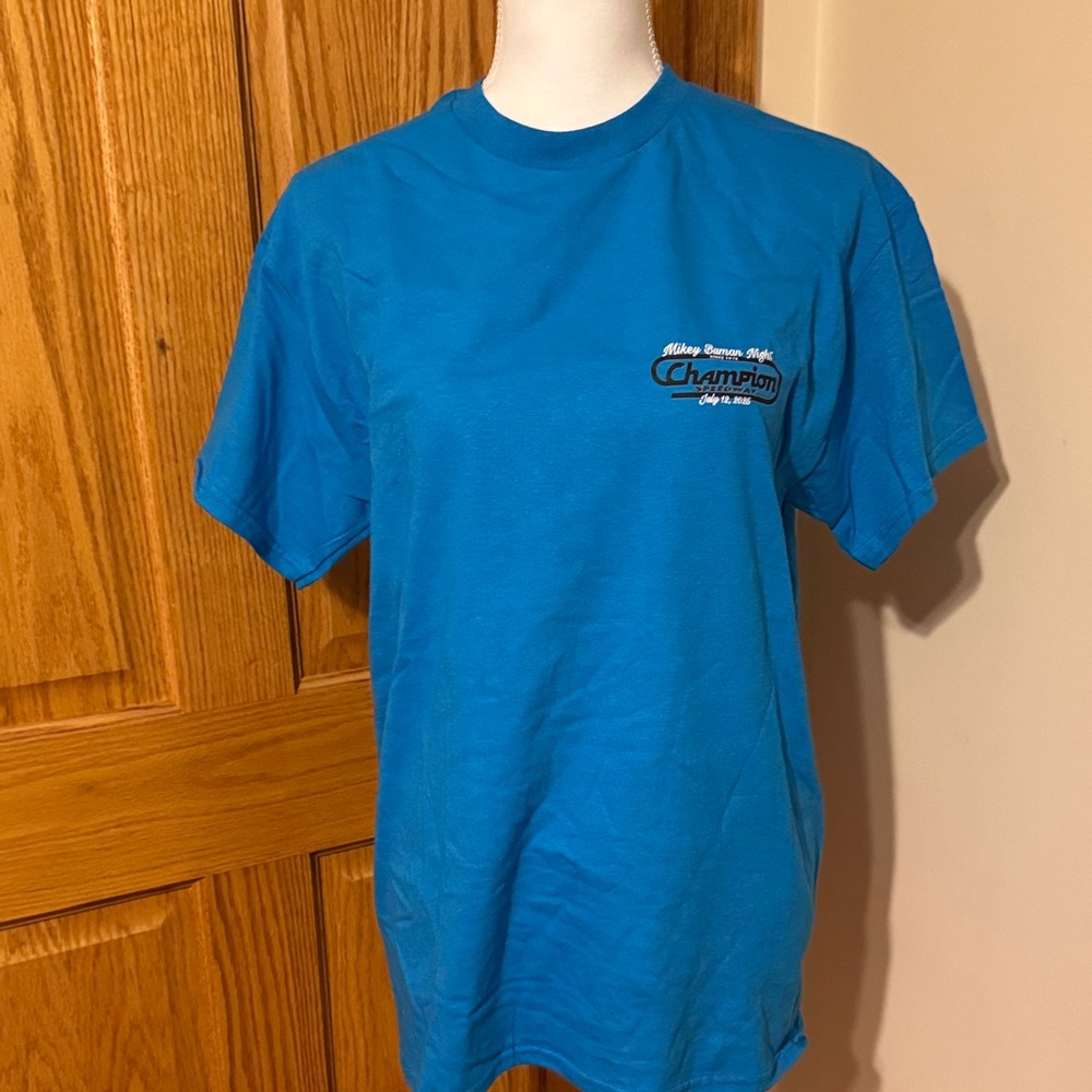 *NEW* Mikey Buman Teal Blue Graphic T-Shirt w/ Speedway Racing Motorcycle Design - Picture 3 of 3